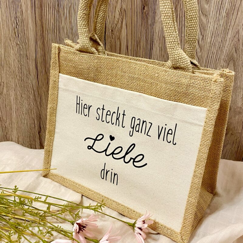 Jutetasche weiß Hier steckt ganz viel Liebe drin