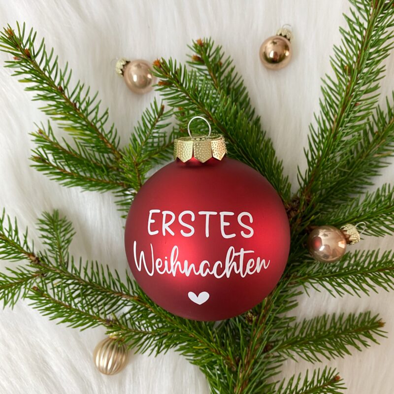 Christbaumkugel 8 cm Echtglas rot matt Erstes Weihnachten Herz