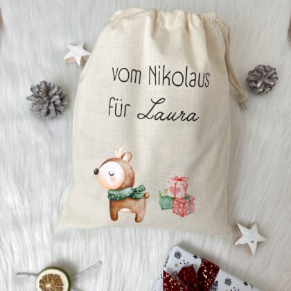 Nikolaussackerl aus Baumwolle mit Reh und Geschenken personalisiert